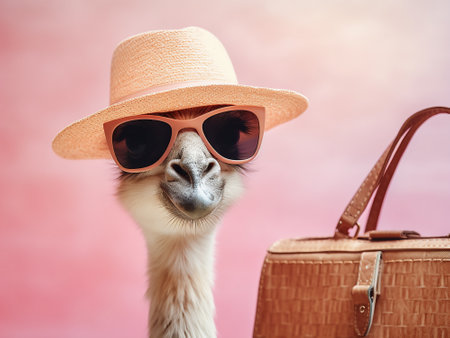 Cute camel in hat and sunglasses with bag on pink background.の写真素材