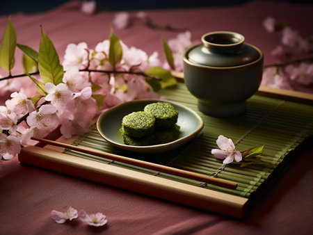 Green tea matcha and green tea set on bamboo plate with cherry blossom backgroundの写真素材