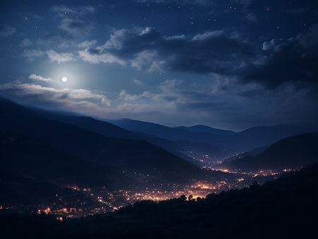 Night view of the city in the mountains. Carpathians, Ukraineの写真素材