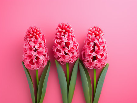 Pink hyacinth flowers on pink background. Flat lay, top viewの写真素材