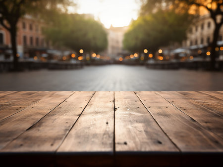 Empty wooden table and blurred background with bokeh image. For product displayの写真素材