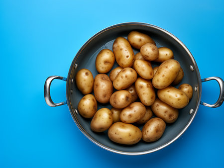 Potatoes in a colander on a blue background, top viewの写真素材