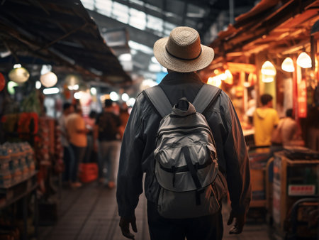 Traveler man with backpack and hat walking in the night market.の写真素材