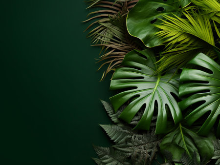 Creative layout made of tropical leaves on green background. Flat lay, top view, copy spaceの写真素材