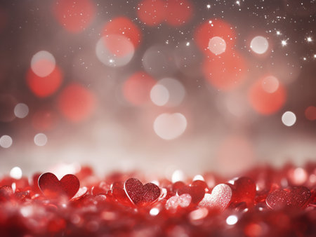 Valentine's day background with red hearts and bokeh lightsの写真素材