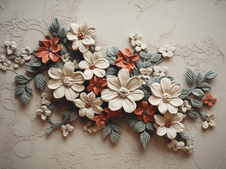 Beautiful floral decoration on the white textured wall. Vintage style.の写真素材