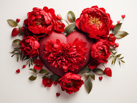 Valentine's day background with red heart, flowers and leavesの写真素材