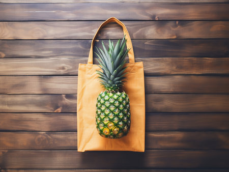 Pineapple in eco bag on wooden background. Zero waste conceptの写真素材