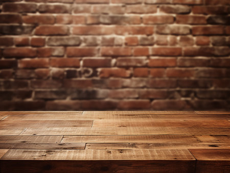 Empty wooden table and brick wall background. Ready for product display montageの写真素材