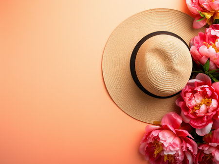 Top view of hat and peony flowers on orange background with copy spaceの写真素材