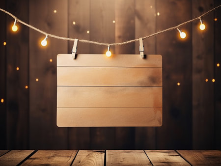 Wooden signboard hanging on rope with light bulbs on wooden backgroundの写真素材