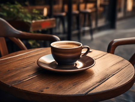 Coffee cup on wooden table in coffee shop, stock photoの写真素材