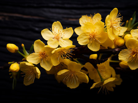 cherry blossom on black wooden background, copy space for textの写真素材