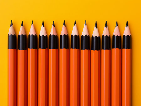 Row of black and orange pencils on yellow background, top viewの写真素材