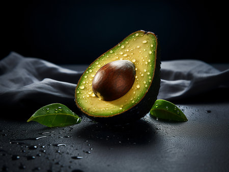 Ripe avocado with leaves on a black background. Copy space.の写真素材