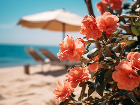 Camellia flowers on the beach with umbrellas.の写真素材