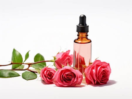 Essential oil in a glass bottle with rose flowers on white backgroundの写真素材