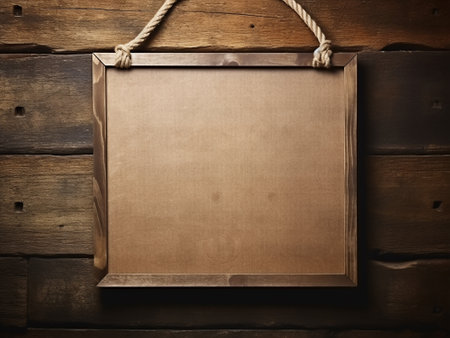 Blank wooden sign hanging on a rope on a wooden wall.の写真素材