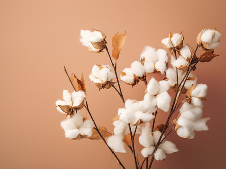Branch of fluffy cotton flowers on a pastel beige backgroundの写真素材