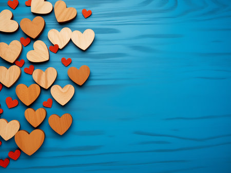 Wooden hearts on blue wooden background. Valentine's day card.の写真素材