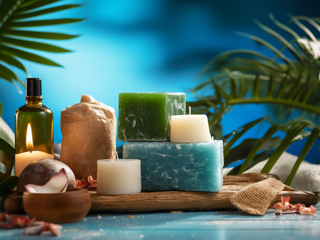 Spa still life with sea salt, candles and tropical leaves on blue backgroundの写真素材