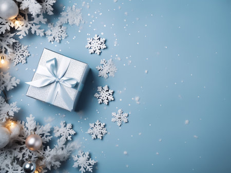 Christmas background with gift box and snowflakes on blue background.の写真素材