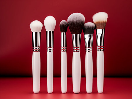 Makeup brushes on a red background. 3d rendering, 3d illustration.