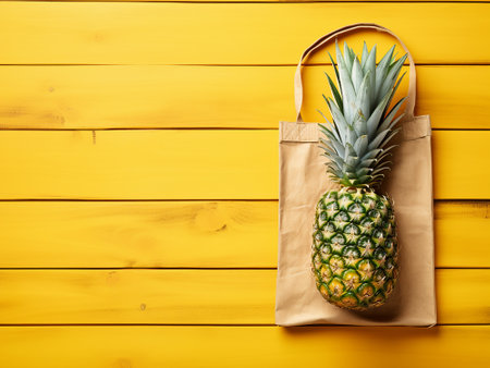 Shopping bag with fresh pineapples on yellow wooden background.の写真素材