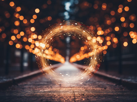 abstract background with bokeh defocused lights and train tracksの写真素材