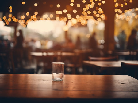 Empty glass of water on wooden table in coffee shop with bokeh background.