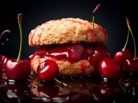 Biscuit with cherries on a black background with water dropsの写真素材