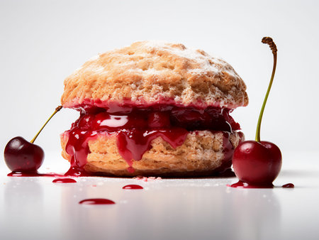 Cake with cherry jam on a white background, close-upの写真素材