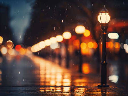 Night city street lights in the rain. Blurred bokeh background.の写真素材
