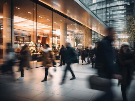 Blurred image of people in a shopping center. Intentional motion blurの写真素材