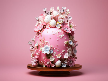 Easter cake decorated with flowers and eggs on a stand on a pink background