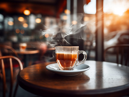 Coffee cup on wooden table in coffee shop, stock photoの写真素材