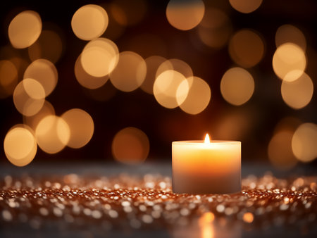 Burning candle on bokeh background. Christmas and New Year conceptの写真素材