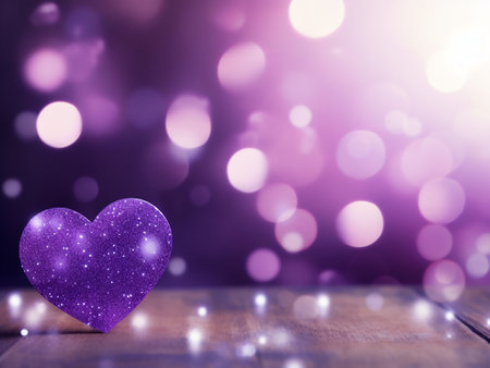 Purple heart on wooden table with bokeh background. Valentines day conceptの写真素材
