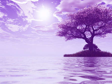 Beautiful seascape with blossoming treeの写真素材