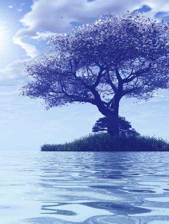 Beautiful seascape with blossoming treeの写真素材