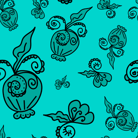 Seamless pattern of plant elements turquoise background. It can be used for printing on packaging, bags, cups, laptop, etc. Vector illustration.のイラスト素材