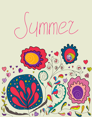 Summer flowers on a beige background. Template design can be used for greeting card, birthday, Valentine's Day, decoration. Also for printing on packaging, bags, cups, laptop, etc. Vector illustration.のイラスト素材