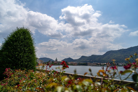 Scenic view of a lakefront with vibrant flowers and lush greenery in the foreground, overlooking a town with mountains and a church dome under a partly cloudy sky.の写真素材