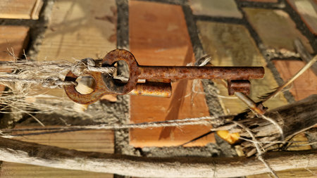 Rusty vintage keys hanging on a rope with a textured brick wall in the background.の写真素材