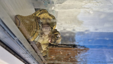 Artistically captured figurine of a dog in a basket, with raindrops on the window adding a reflective texture.の写真素材