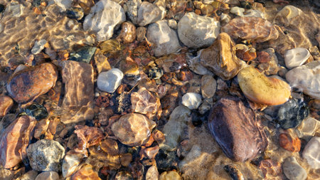 Sharp focus on diverse river rocks under shimmering water, highlighted by sunlight.の写真素材