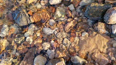 Shimmering light reflects off a riverbed, highlighting the diversity of stones under crystal clear water.の写真素材