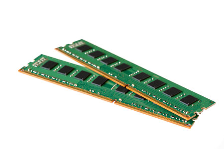 Computer Random Access Memory (RAM) chips isolated on white background.