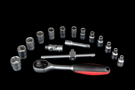 Set of socket wrench isolated on black backgroundの写真素材