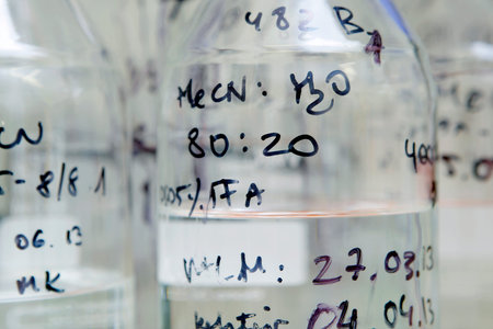 Fragment of laboratory glassware with chemical solutions 